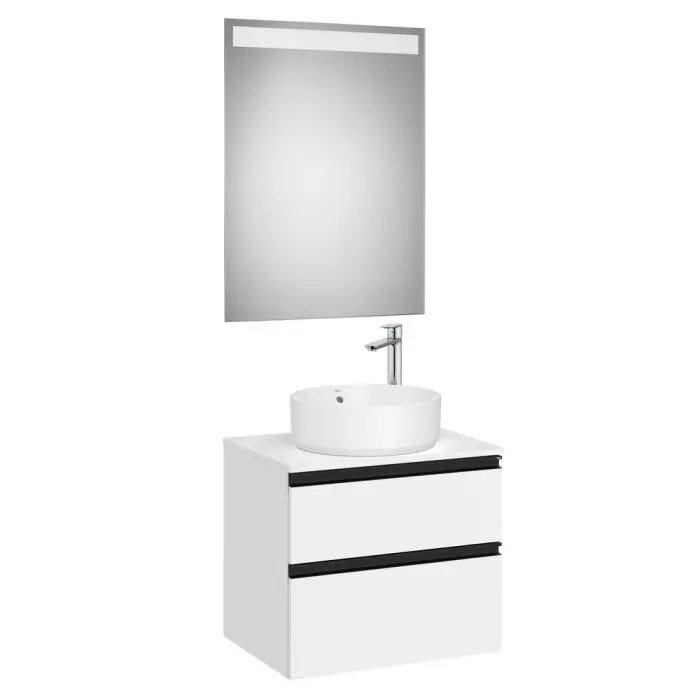 Promotion Saisonnière Pack meuble "The gap" 600 pour vasque à poser - 2 tiroirs + plan + miroir LED - blanc mat/poignées noires - Roca