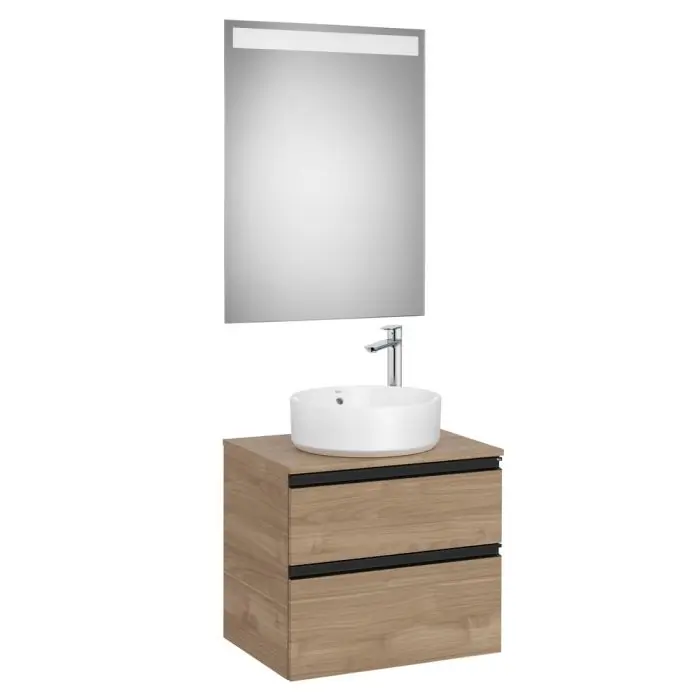 Dernière Chance Pack meuble "The gap" 600 pour vasque à poser - 2 tiroirs + plan + miroir LED - noyer/poignées noires - Roca
