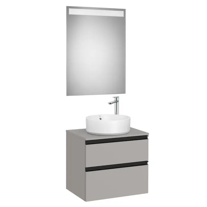 Pack meuble "The gap" 600 pour vasque à poser - 2 tiroirs + plan + miroir LED - gris moyen mat/poignées noires - Roca Produit De Marque