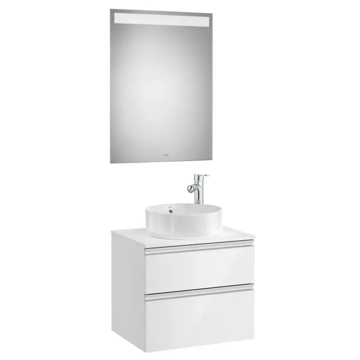 Pack meuble "The gap" 600 pour vasque à poser - 2 tiroirs + plan + miroir LED - blanc brillant/poignées alu brillantes - Roca Petit Prix