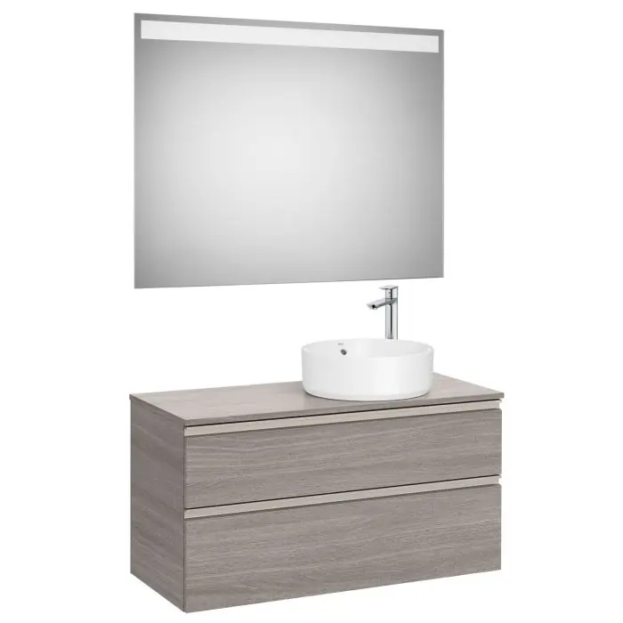 Pack meuble "The gap" 1000 pour vasque à droite - 2 tiroirs + plan + miroir LED - city oak/poignées nickel mat - Roca Remise