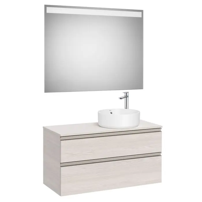 Pack meuble "The gap" 1000 pour vasque à droite - 2 tiroirs + plan + miroir LED - frêne nordic/poignées nickel mat - Roca Commander Maintenant