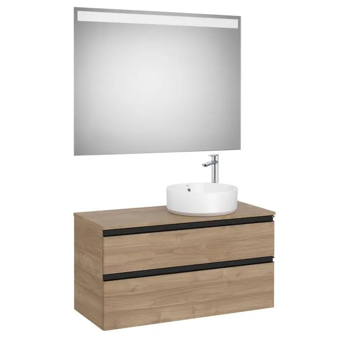 Pack meuble "The gap" 1000 pour vasque à droite - 2 tiroirs + plan + miroir LED - noyer/poignées noires - Roca Remise
