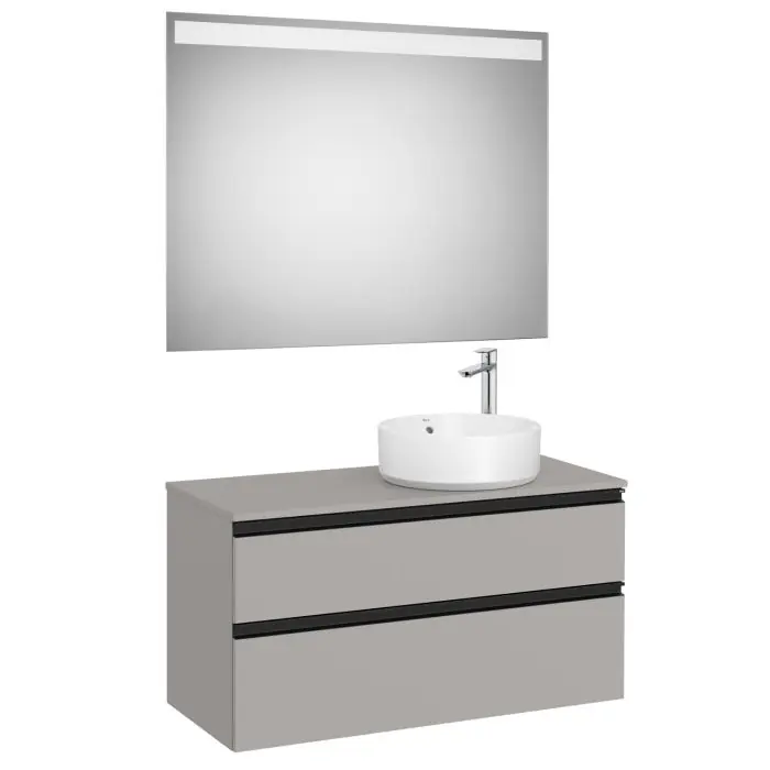 Pack meuble "The gap" 1000 pour vasque à droite - 2 tiroirs + plan + miroir LED - gris moyen mat/poignées noires - Roca Paiement Sécurisé
