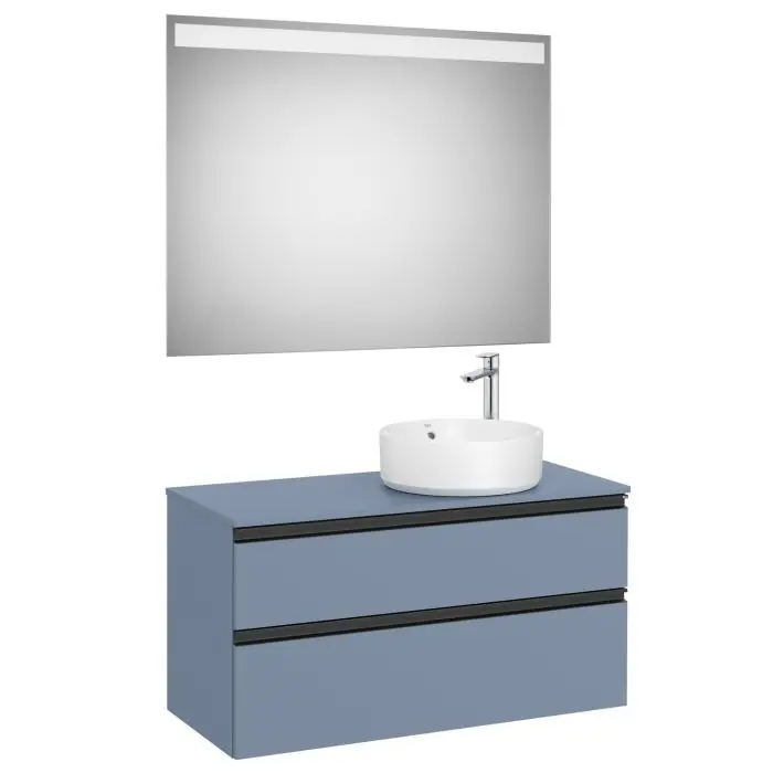 Nouvel Arrivage Pack meuble "The gap" 1000 pour vasque à droite - 2 tiroirs + plan + miroir LED - bleu mat/ poignées noires - Roca