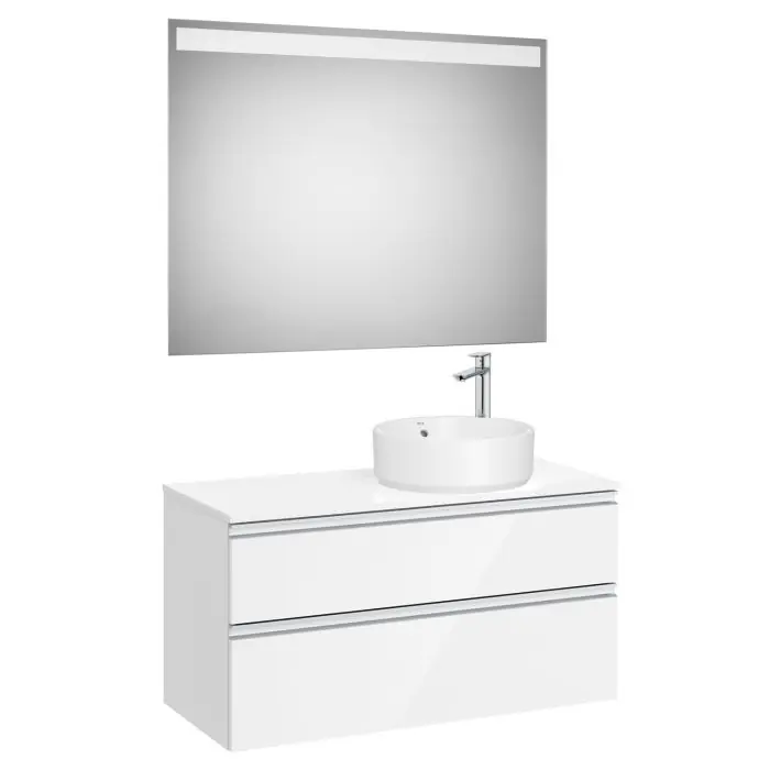 Prix Réduit Pack meuble "The gap" 1000 pour vasque à droite - 2 tiroirs + plan + miroir LED - blanc brillant/poignées alu brillantes - Roca