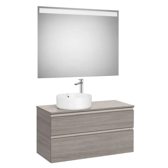 Pack meuble "The gap"1000 pour vasque à gauche - 2 tiroirs + plan + miroir LED - city oak/poignées nickel mat - Roca Petit Prix