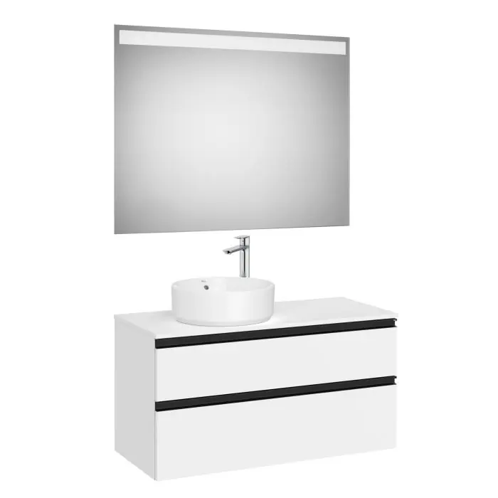Vente Directe Pack meuble "The gap" 1000 pour vasque à gauche - 2 tiroirs + plan + miroir LED - blanc mat/poignées noires - Roca