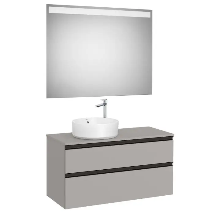 Pack meuble "The gap" 1000 pour vasque à gauche - 2 tiroirs + plan + miroir LED - gris moyen mat/poignées noires - Roca Achetez Aujourd'hui