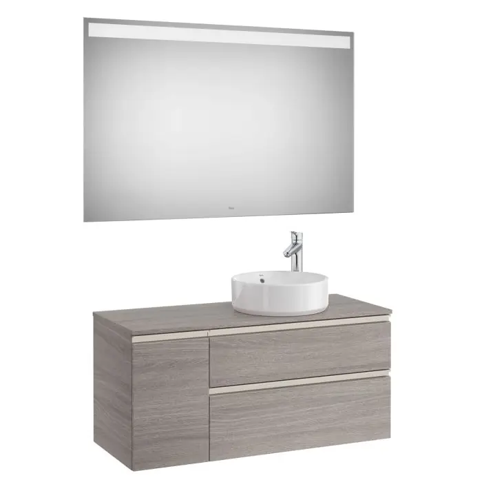 Pack meuble "The gap" 1100 pour vasque à droite - 2 tiroirs + 1 porte + plan + miroir LED - city oak/poignées nickel mat - Roca Expédition Rapide