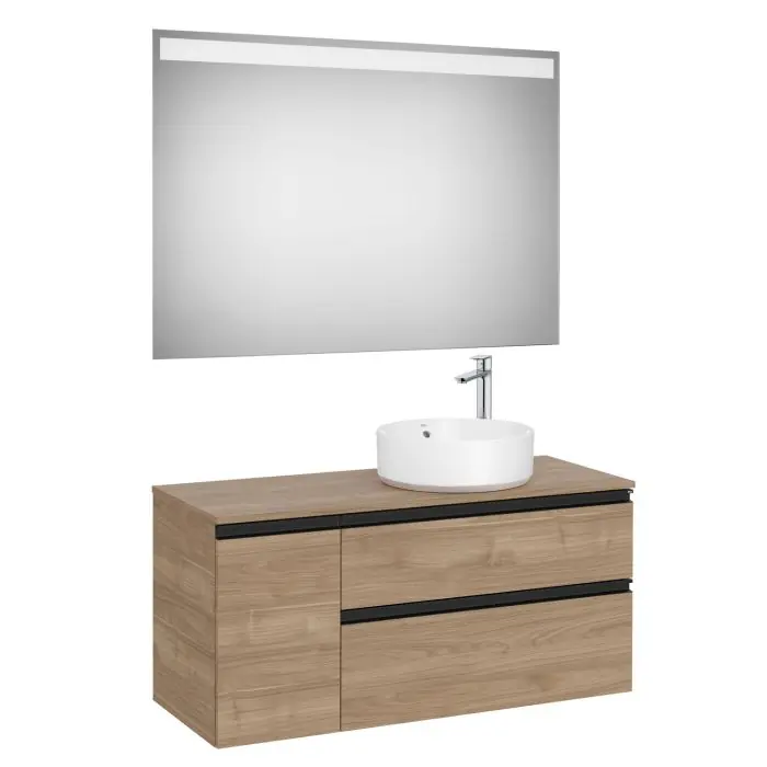 Pack meuble "The gap" 1100 pour vasque à droite - 2 tiroirs + 1 porte + plan + miroir LED - noyer/poignées noires - Roca Produit De Marque