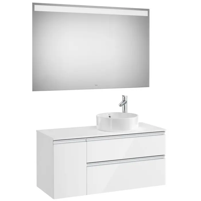 Offre Exclusive Pack meuble "The gap" 1100 pour vasque à droite - 2 tiroirs + 1 porte + plan + miroir LED - blanc brillant - Roca