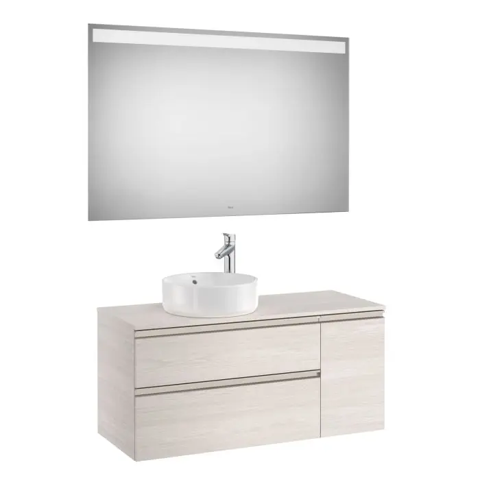 Authentique Pack meuble "The gap" 1100 pour vasque à gauche - 2 tiroirs + 1 porte + plan + miroir LED - frêne nordic/poignées nickel mat - Roca