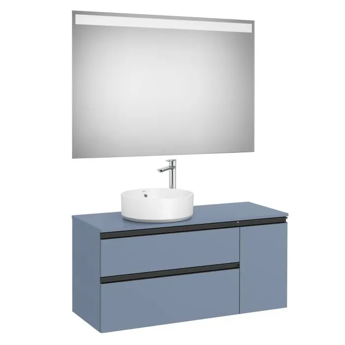 Pack meuble "The gap" 1100 pour vasque à gauche - 2 tiroirs + 1 porte + plan + miroir LED - bleu mat/ poignées noires - Roca Prix Choc