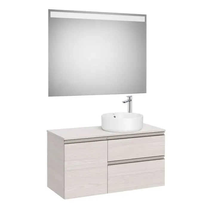 Nouveauté Pack meuble "The gap" 1000 pour vasque à droite - 2 tiroirs +1 porte + plan + miroir LED - frêne nordic/poignées nickel mat - Roca