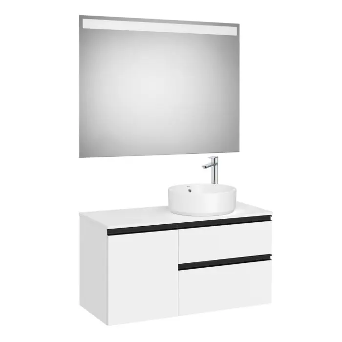 Pack meuble "The gap" 1000 pour vasque à droite - 2 tiroirs + 1 porte + plan + miroir LED - blanc mat/poignées noires - Roca Pas Cher