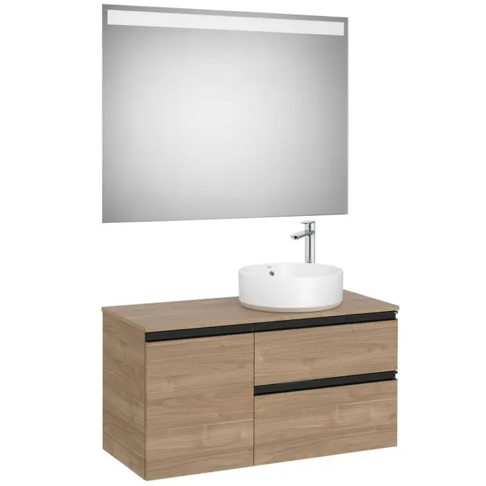Authentique Pack meuble "The gap" 1000 pour vasque à droite - 2 tiroirs + 1 porte + plan + miroir LED - noyer/poignées noires - Roca