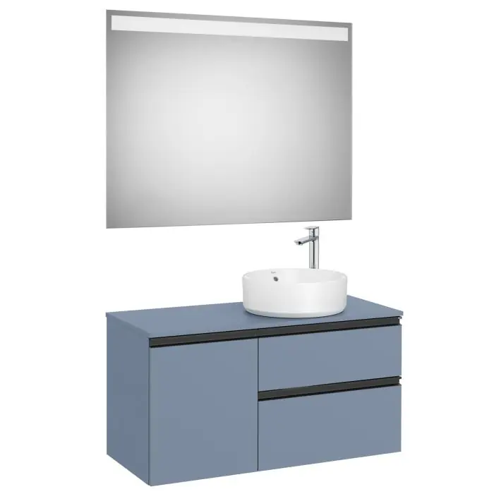 Bon Plan Pack meuble "The gap" 1000 pour vasque à droite - 2 tiroirs + 1 porte + plan + miroir LED - bleu mat/ poignées noires - Roca