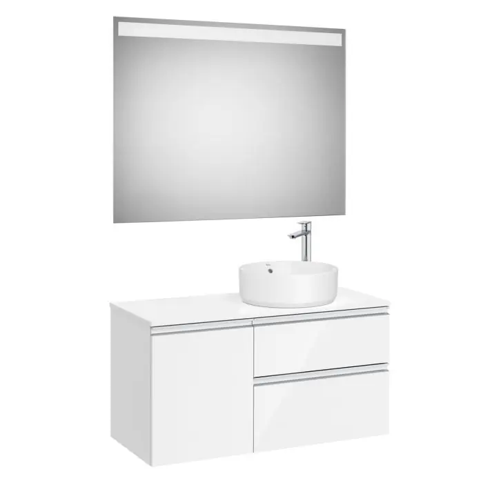Prix Réduit Pack meuble "The gap" 1000 pour vasque à droite - 2 tiroirs + 1 porte + plan + miroir LED - blanc brillant - Roca