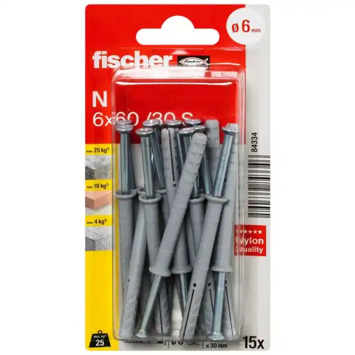 15 chevilles à frapper Ø6 x 60 mm collerette fraisée et clou tête fraisée pour structures en bois - Fischer Haute Qualité