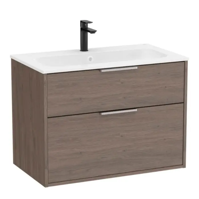 Quantité Limitée Pack meuble unik "OPTICA" 800 - 2 tiroirs + lavabo plan en Stonex - Chêne Foncé - Roca