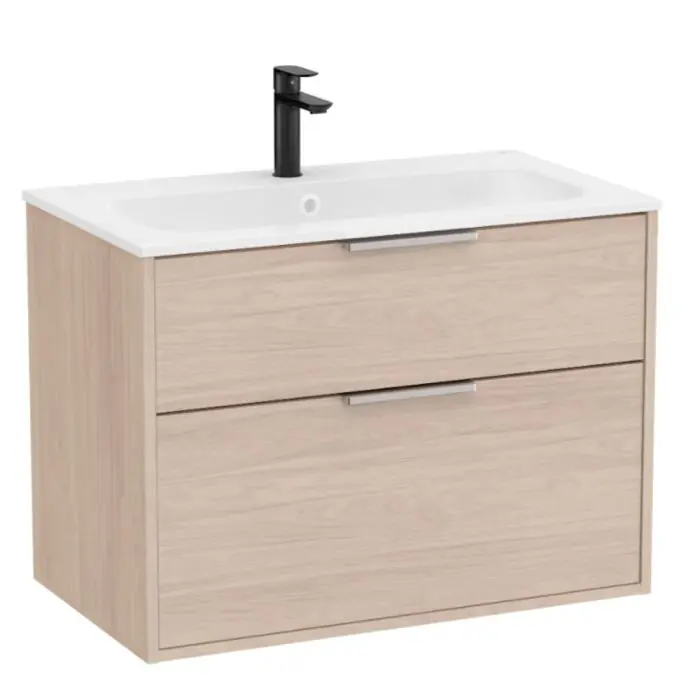 Pack meuble unik "OPTICA" 800 - 2 tiroirs + lavabo plan en Stonex - Frêne Clair - Roca Dernière Chance