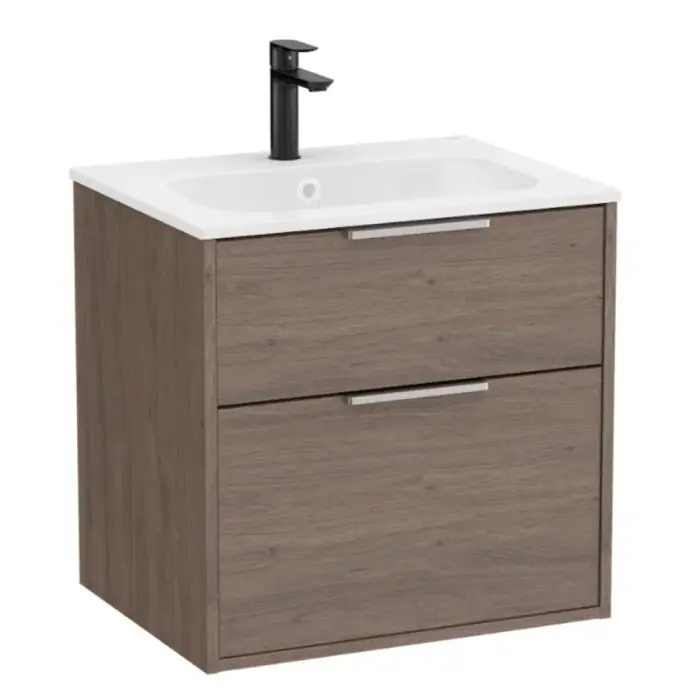 Pack meuble unik "OPTICA" 600 - 2 tiroirs + lavabo plan en Stonex - Chêne Foncé - Roca Expédié Aujourd'hui