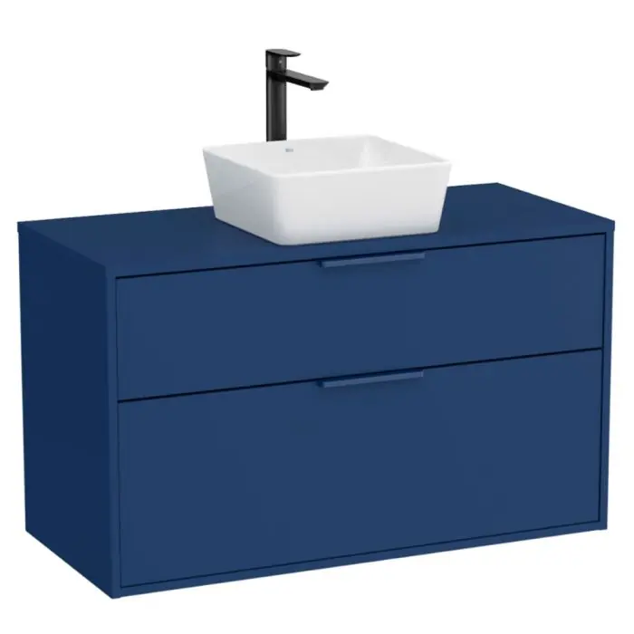 Meuble "OPTICA" 1000 - 2 tiroirs pour vasque à poser (non incluse) - Bleu Acier Mat - Roca Achat Immédiat