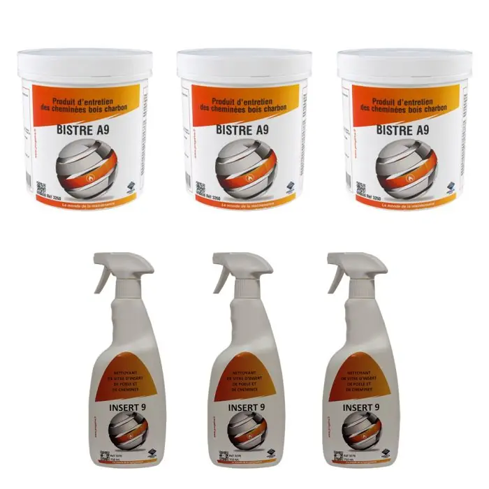 Offre Du Jour Lot de 3 insert9 nettoyant pour vitres pour poêles et inserts + 3 pots de 1kg Produit entretien de cheminé Bois/Charbon BISTRE A9
