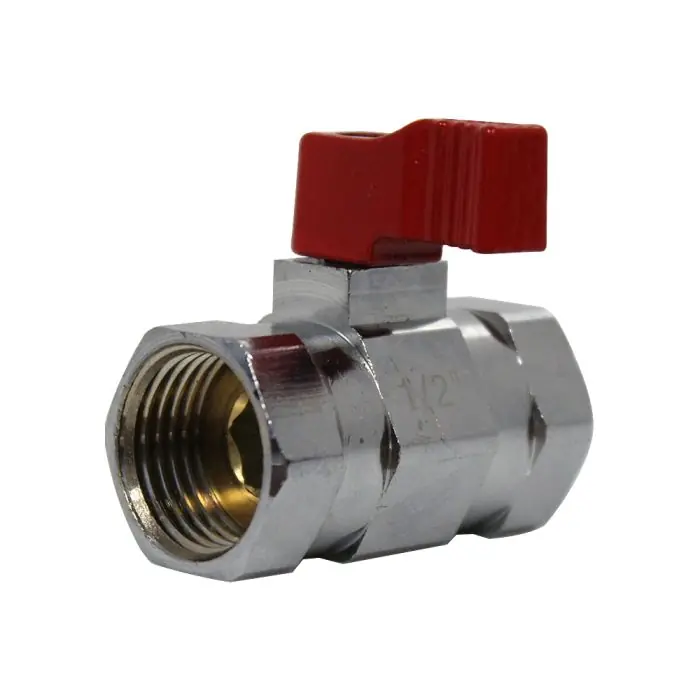 Dernier Modèle Mini-vanne laiton nickelé Femelle / Femelle 1/2" (15/21) - PN16 - manette rouge - Arcanaute