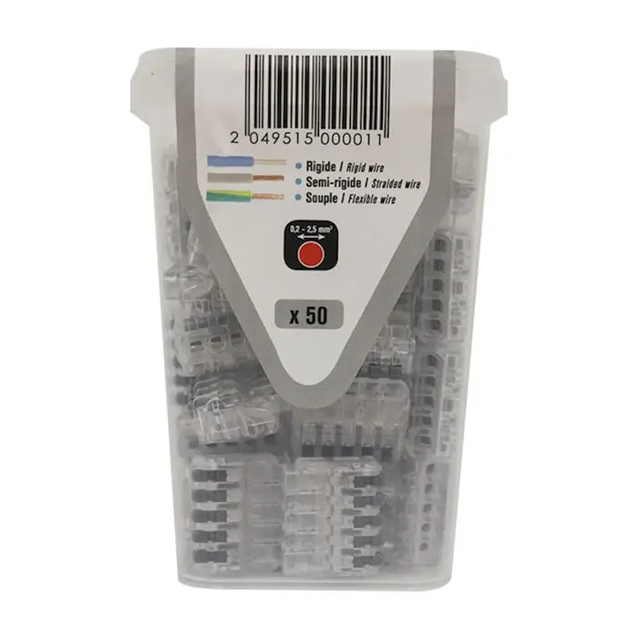 Boite de 50 Connecteur à leviers « mini » transparent 5 entrées pour fils souple/semi-rigide et rigides de 0,2 à 2,5 mm² Prix Promo
