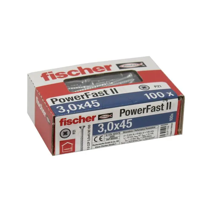 Meilleur Choix 100 Vis VBA tête fraisée Power-Fast PZ1 Ø3 x 45 mm - Filetage partiel - Fischer