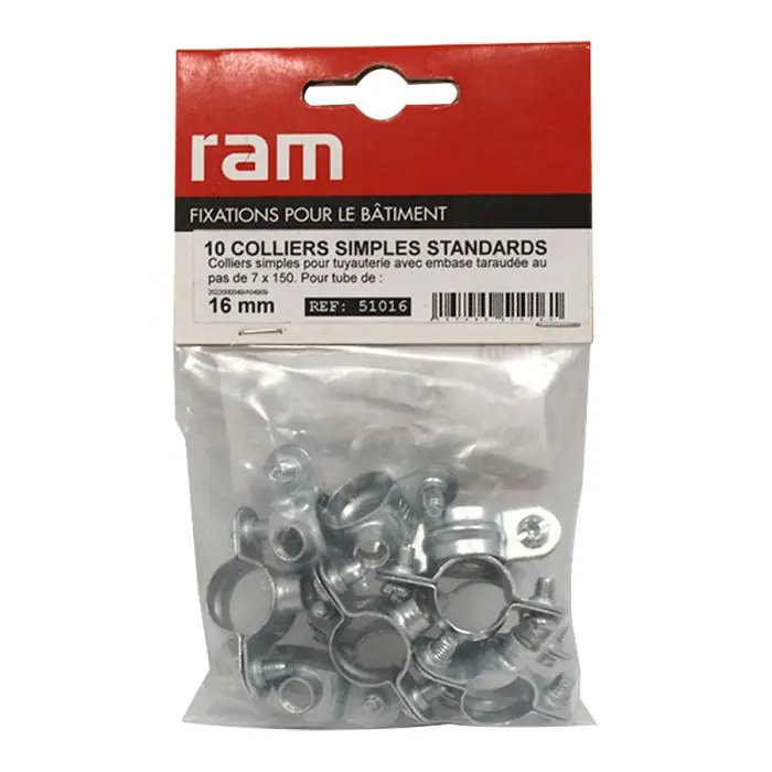 Sachet de 10 colliers simple métallique pour tube Ø16 - Ram Promotion