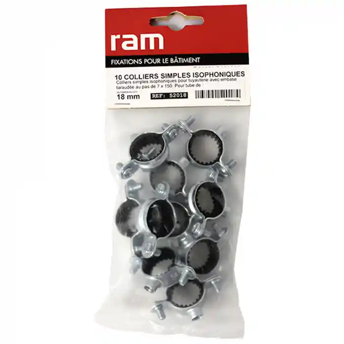 Sachet de 10 colliers métalliques acier simple isophonique Ø18 - RAM Promotion