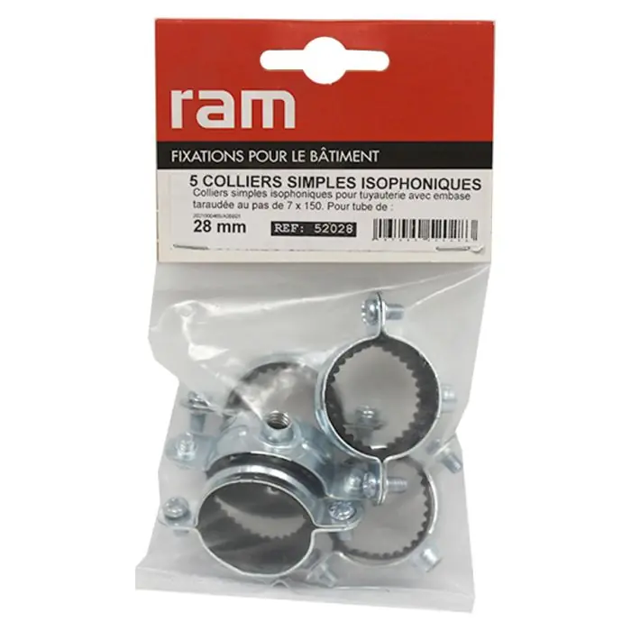 Sachet de 5 colliers simple isophonique métallique pour tube Ø28 - RAM Remise