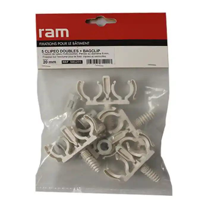 5 CLIPEO double blanc avec 5 BAGCLIP pour tube multicouche nu Ø20 – RAM Dernier Modèle