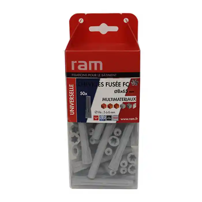 50 chevilles FUSÉE nylon tous matériaux Ø8 x 65 mm – Ram Nouveauté