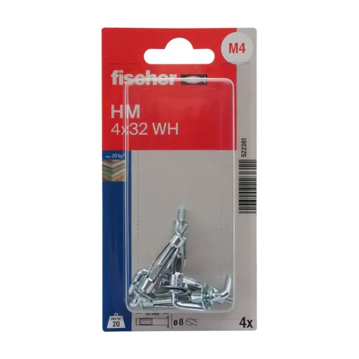 4 chevilles métalliques HM Ø4 x 32 mm + 4 crochets droits Ø4 mm - Fischer Vente Directe