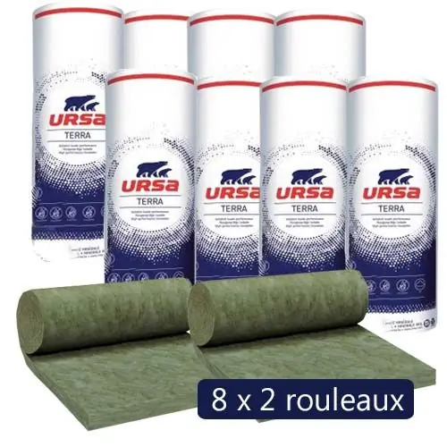 8 paquets de 2 rouleaux laine de verre URSACOUSTIC TERRA nu – Ep. 70mm – 48m² – R 1.75 Commande En Gros