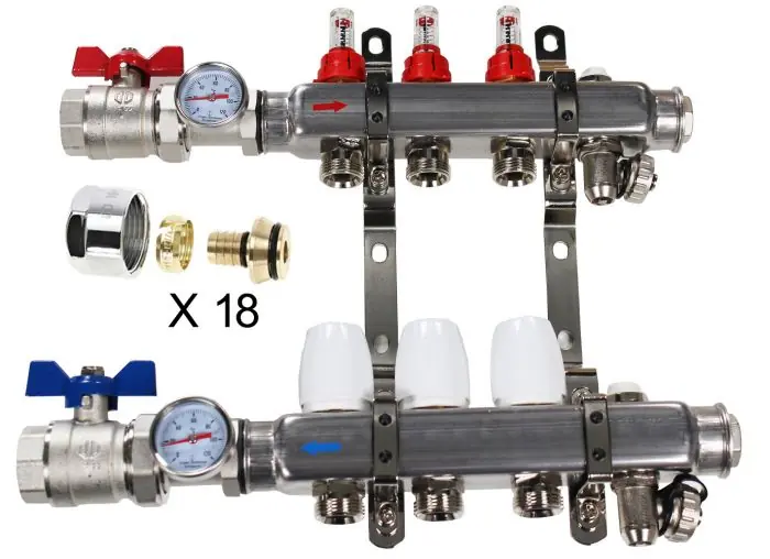 Kit Collecteur INOX 1" PCBT - 9 départs mâle 3/4" + 18 raccords eurocone multicouche 16x2,0 Prix Promo
