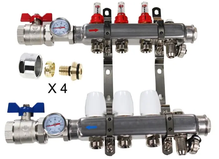 Commande En Gros Kit Collecteur INOX 1" PCBT - 2 départs mâle 3/4" + 4 raccords eurocone PER 16x1,5