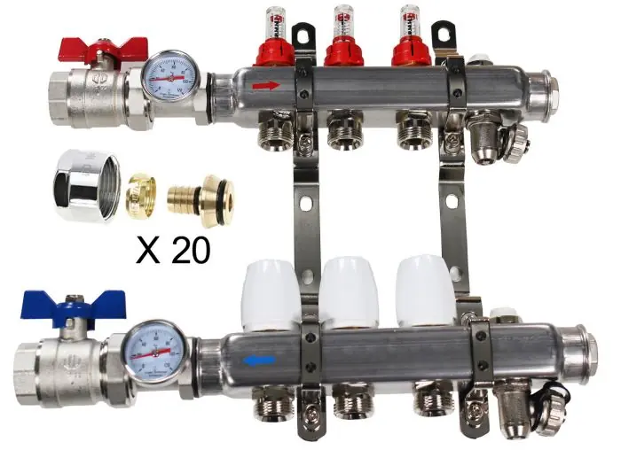 Livraison Express Kit Collecteur INOX 1" PCBT - 10 départs mâle 3/4" + 20 raccords eurocone PER 16x1,5