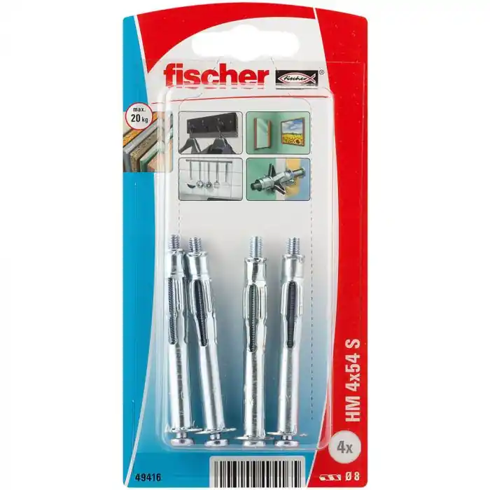 Expédié Aujourd'hui Blister de 4 chevilles métalliques HM pour plaque de plâtre avec vis Ø4 x 54 mm - Fischer