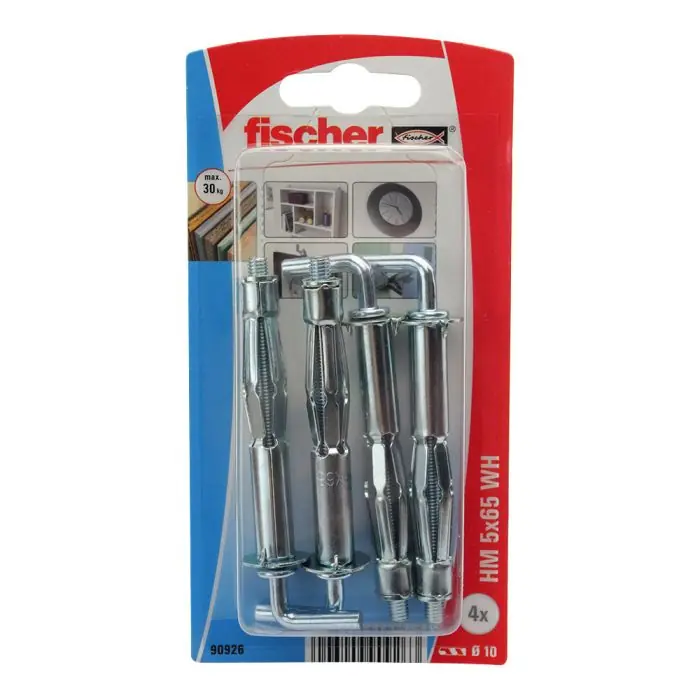 Nouvel Arrivage Blister de 4 chevilles métalliques HM pour plaque de plâtre Ø5 x 65 mm + crochet droit - Fischer