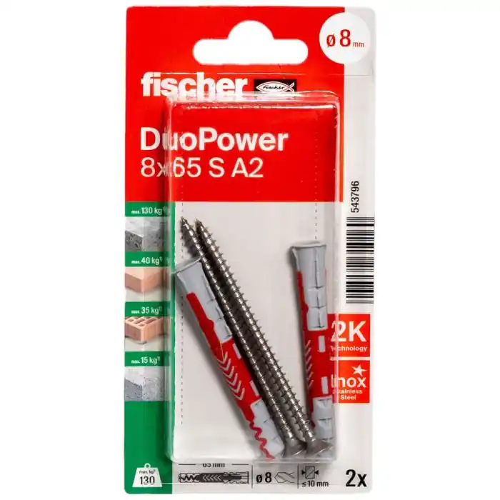 Blister de 2 chevilles universelles Duopower Ø8 x 65 mm + vis inox Ø5 x 80 mm A2 - Fischer Livraison Express