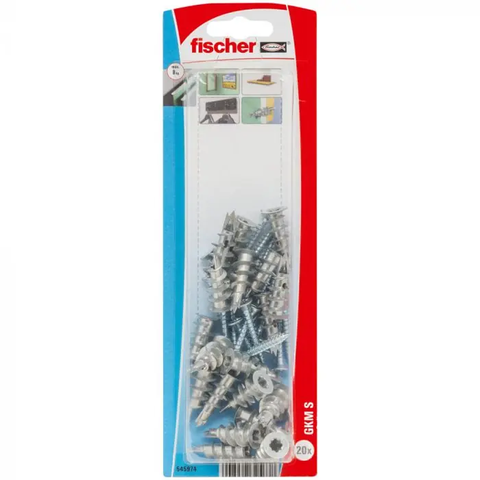 Solde Blister de 20 chevilles métalliques auto-foreuses GKM pour plaque + vis tête fraisée 4,5x35 - Fischer