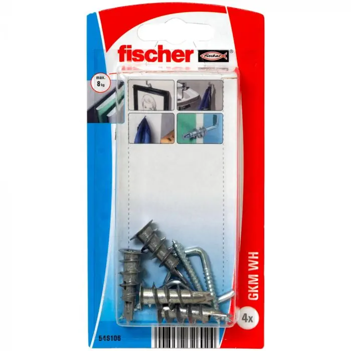 Blister de 4 chevilles métalliques auto-foreuses GKM pour plaque + crochets droits - Fischer Satisfait Ou Remboursé