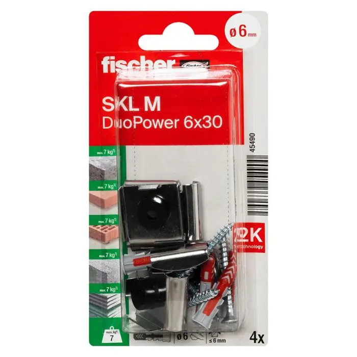 Kit de 4 chevilles Duopower Ø6 x 30 mm + vis + pince miroir pour fixation miroir - Fischer Authentique