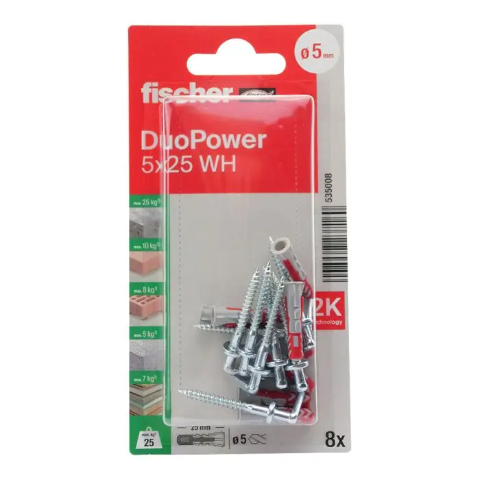 Satisfait Ou Remboursé Blister de 8 chevilles universelles Duopower Ø5 x 25 mm + crochet droit - Fischer