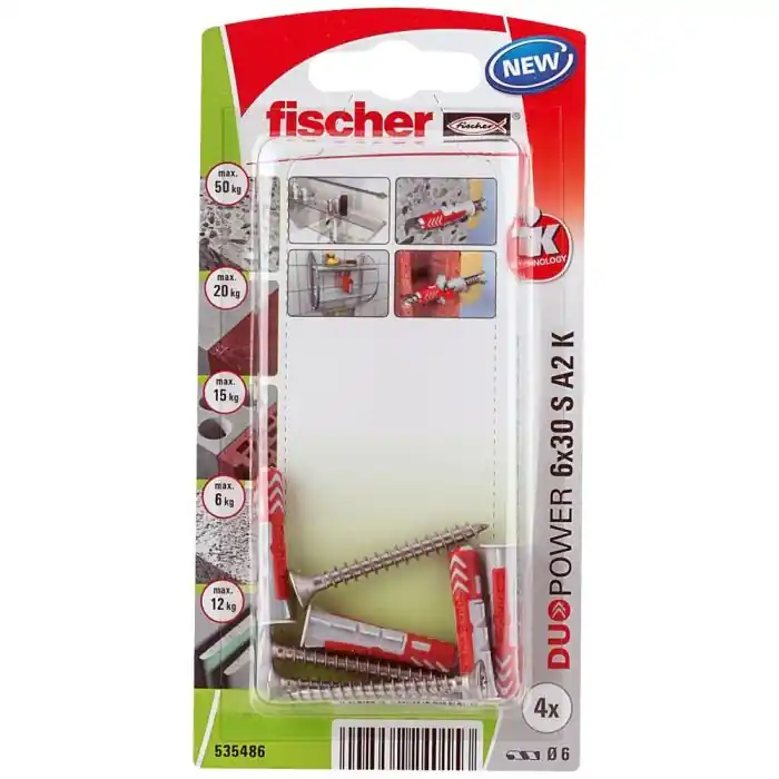 Blister de 4 chevilles universelles Duopower Ø6 x 30 mm + vis inox A2 Ø4,5 x 40 mm - Fischer Affaire À Saisir